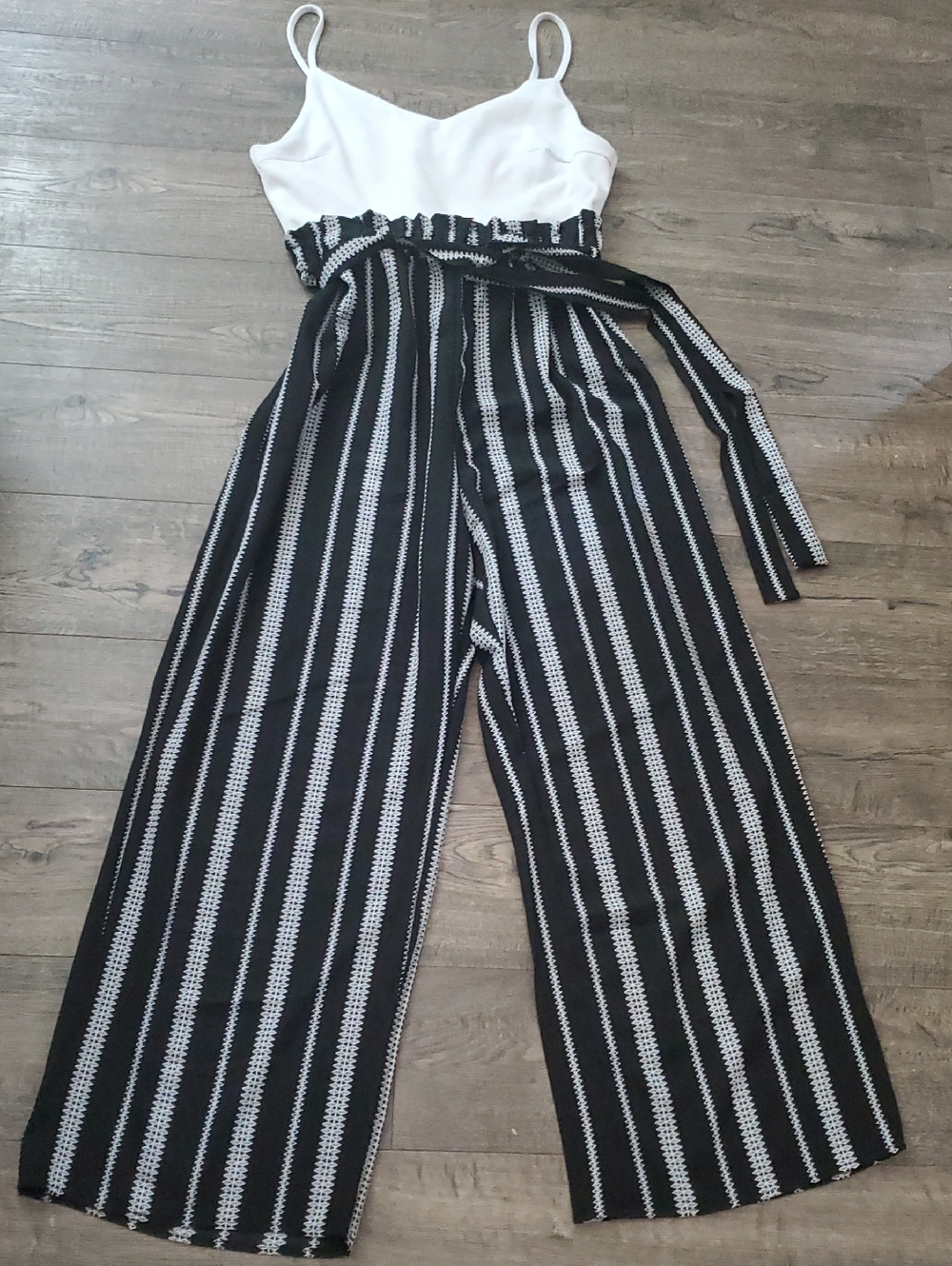 Striped Black & White Wide-Leg Jumpsuit with Smocked Waist